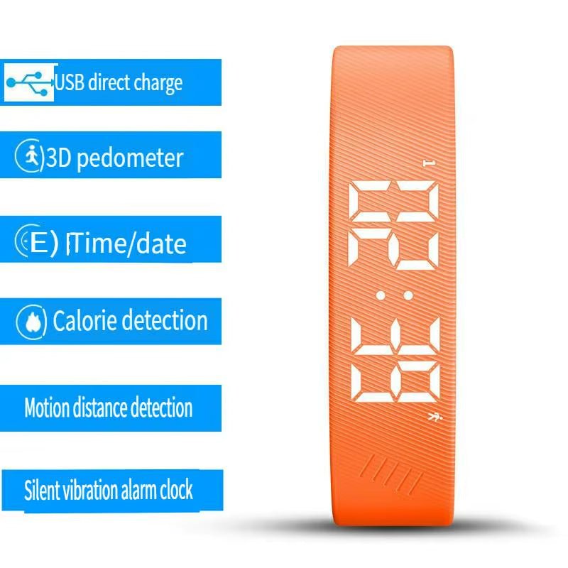 LED Fitness Tracker Orange Band Large Display Waterproof