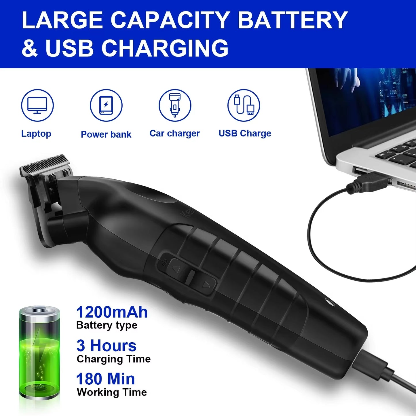 Long Battery Life Hair Clipper Fast USB Charging Cordless