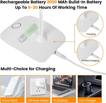Rechargeable Touch Control Lamp, 2000Mah Built-In, up to 30H Use, Flexible Gooseneck Arm, Eye-Caring Light, Wireless