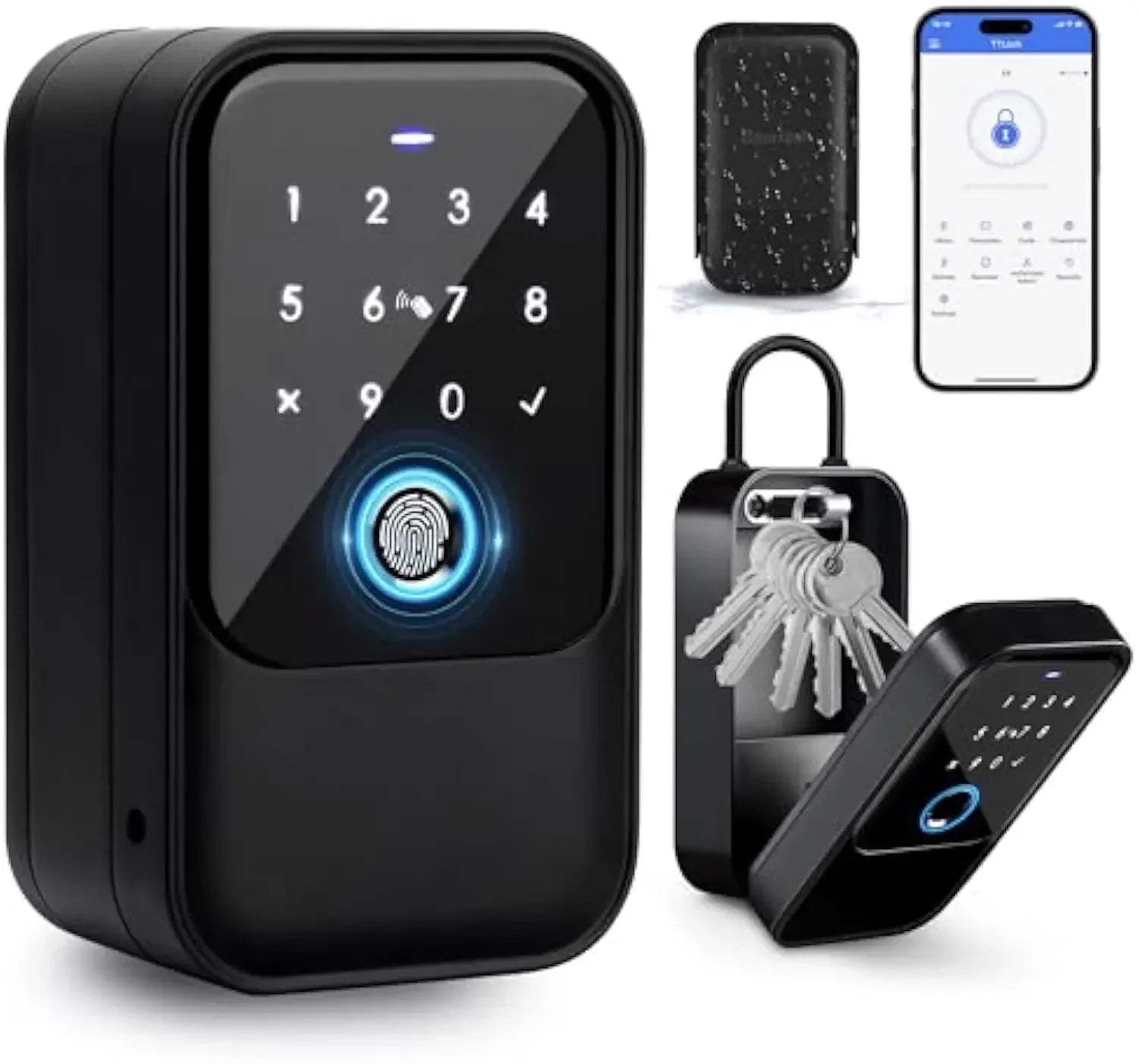 Smart Lock Box Black Fingerprint Keypad Close-Up Side View