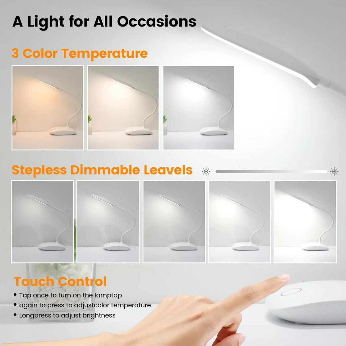 Rechargeable Touch Control Lamp, 2000Mah Built-In, up to 30H Use, Flexible Gooseneck Arm, Eye-Caring Light, Wireless