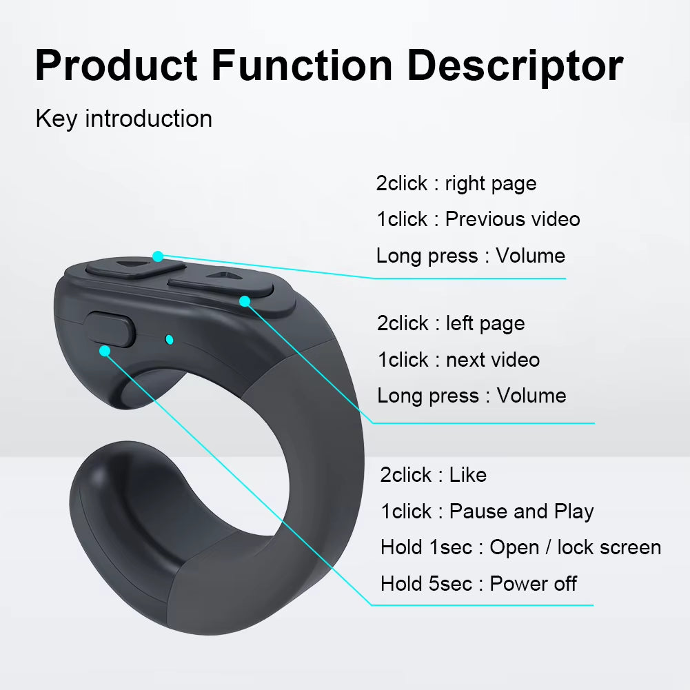 For Tiktok Fingertip Remote Scrolling Ring Wireless Camera Shutter Selfie Button Bluetooth 5.0 with Phone Stand for TIK Tok