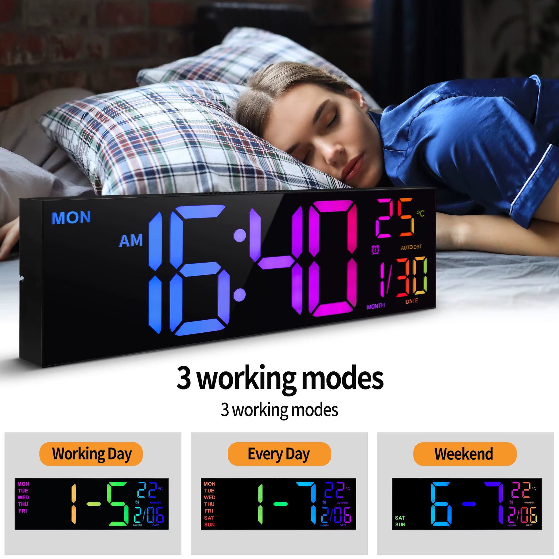 Large LED Wall Clock 3 Working Modes Colorful Display