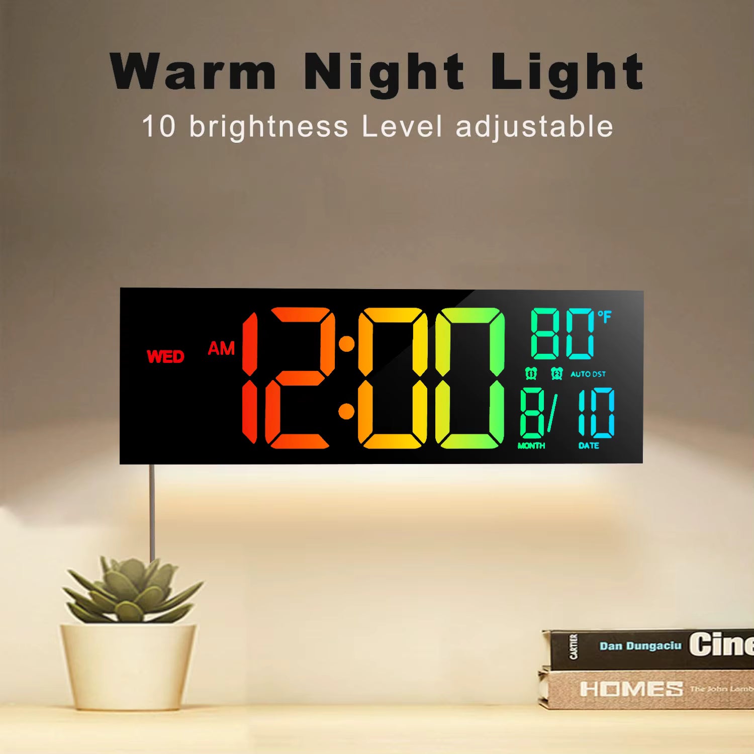 Warm Night Light LED Wall Clock Rainbow Color 10 Brightness Levels Adjustable