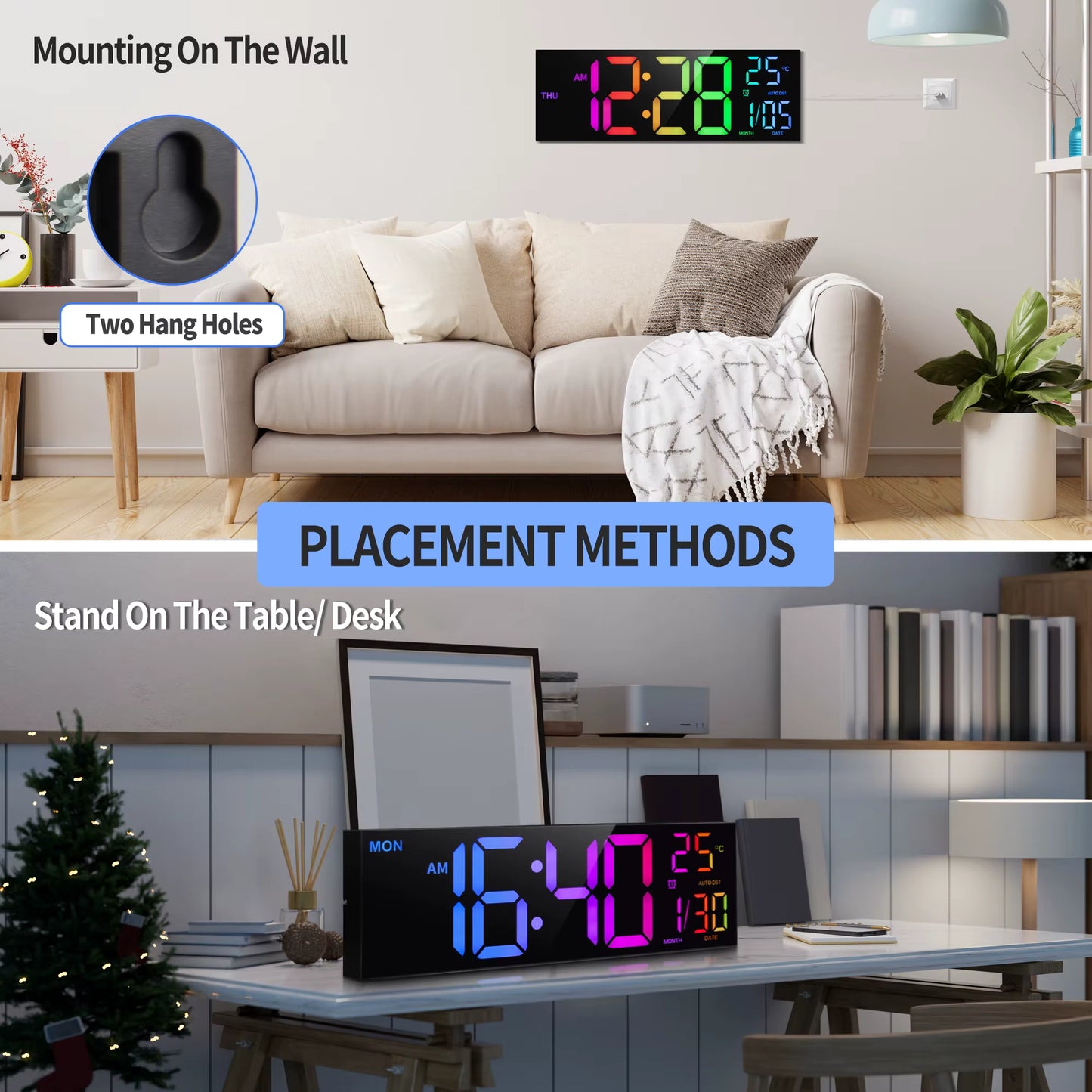 Large LED Display Wall Clock Living Room Desk Lifestyle