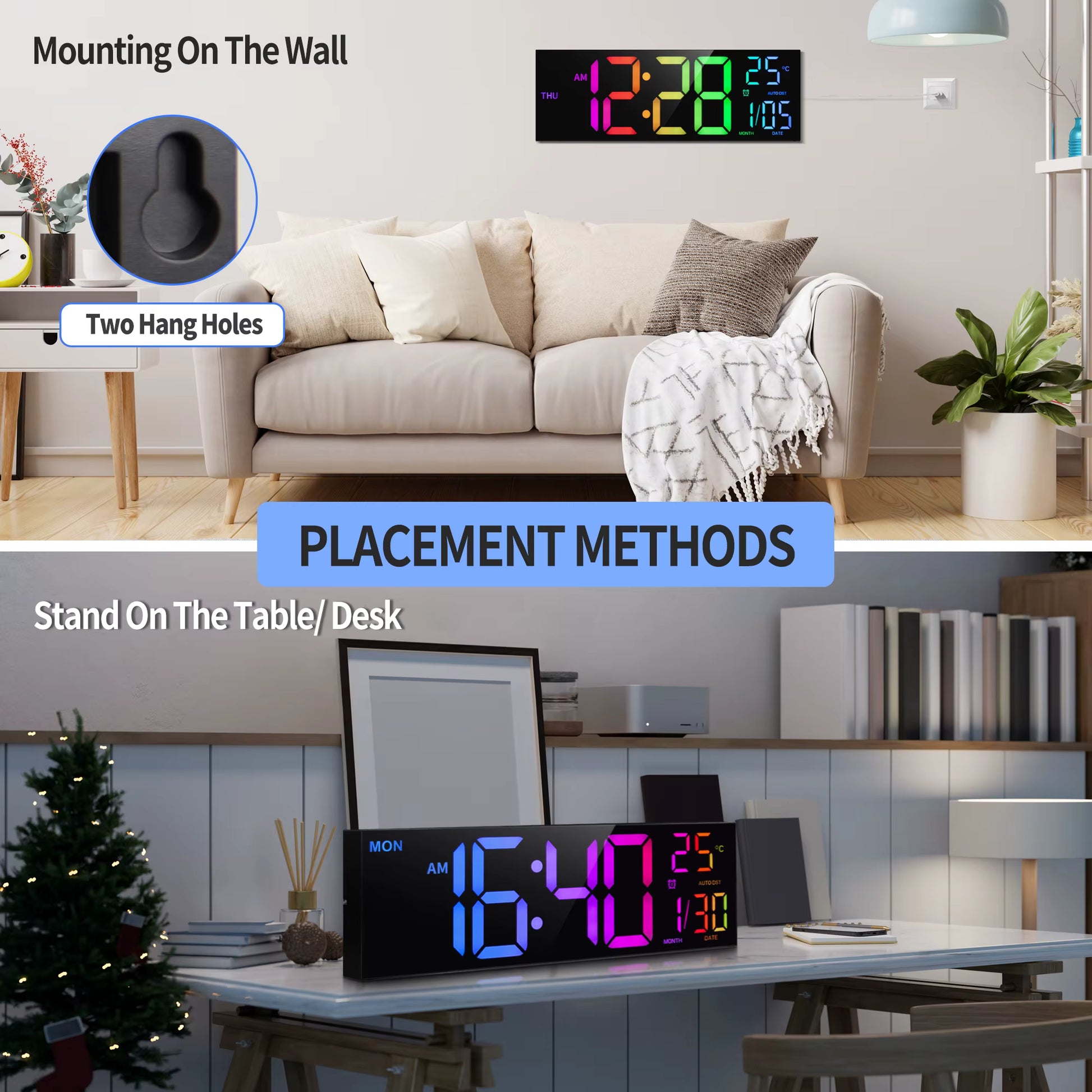 Large LED Display Wall Clock Living Room Desk Lifestyle