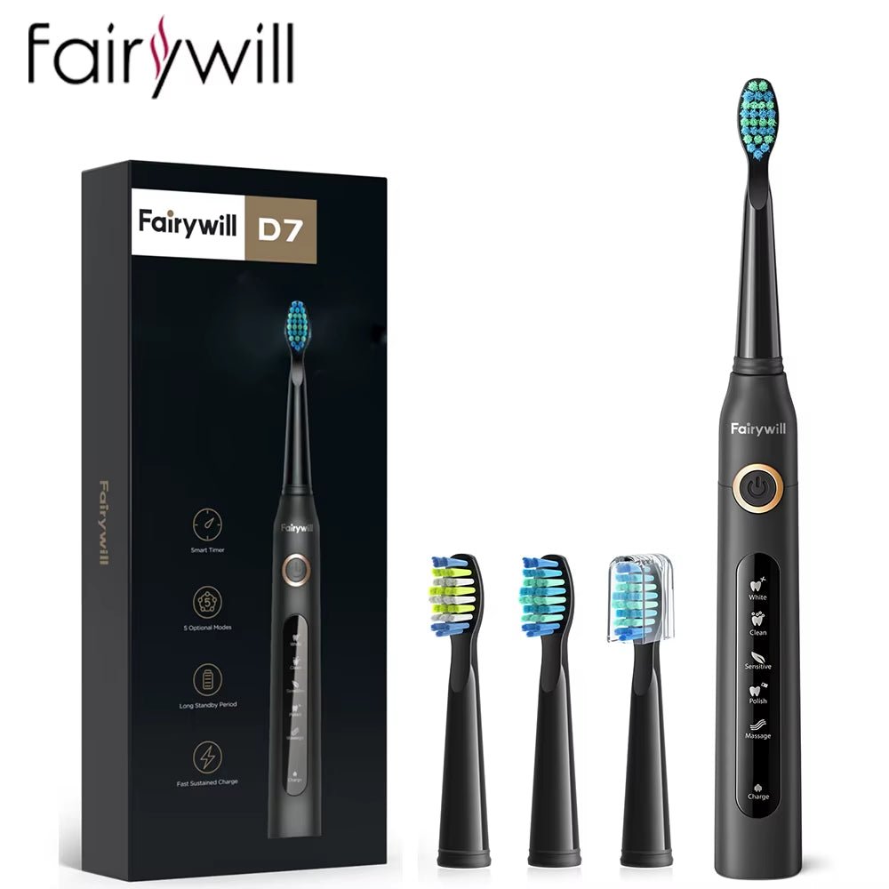Fairywill Black Electric Toothbrush Brush Heads and Packaging