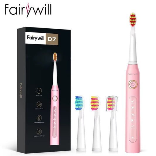 Fairywill D7 Pink Electric Toothbrush with Brush Heads and Box