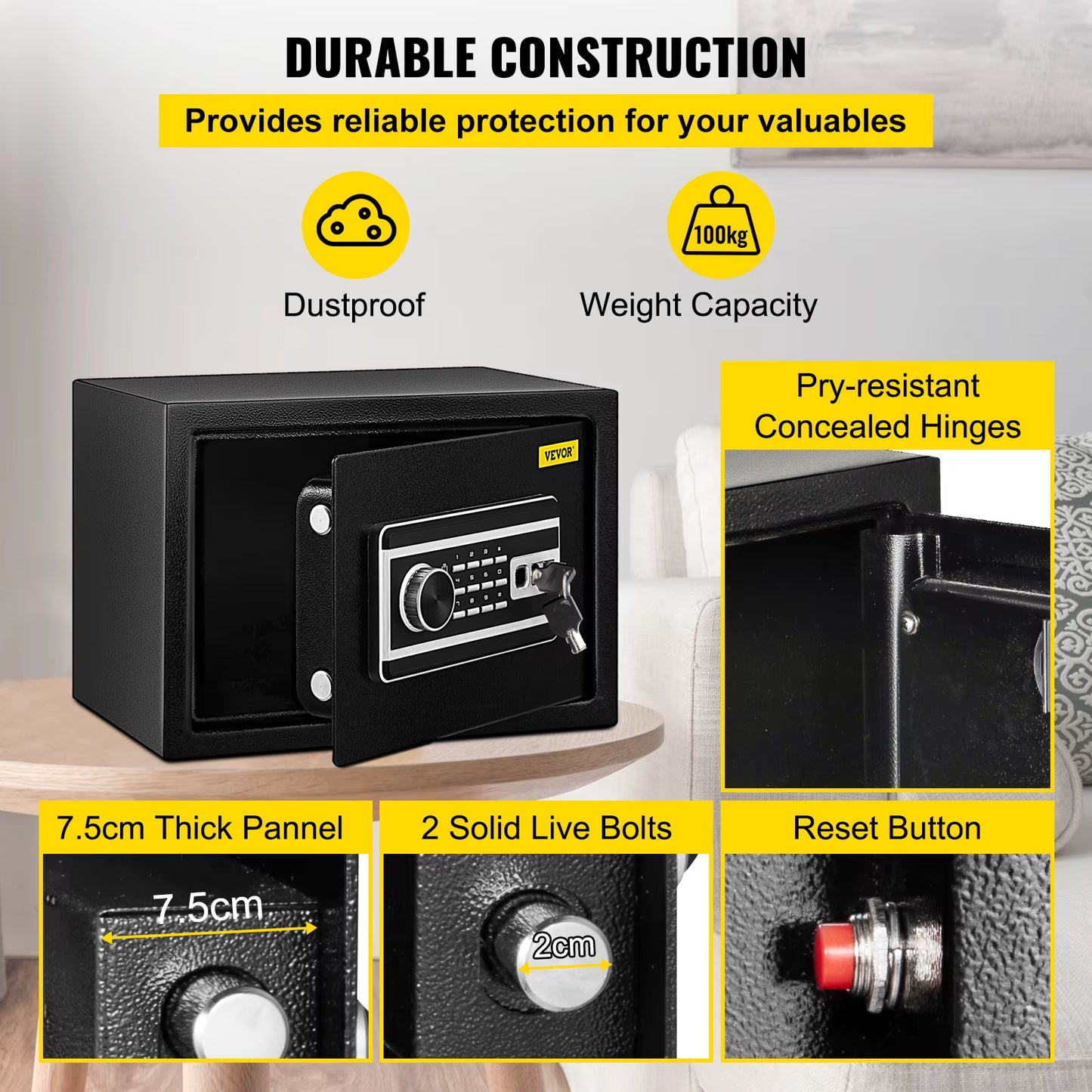 Fingerprint Locks Safe Deposit Box 0.8/2.1 Cubic Feet Digital Electronic Secret Hidden Piggy Bank for Money Guns File