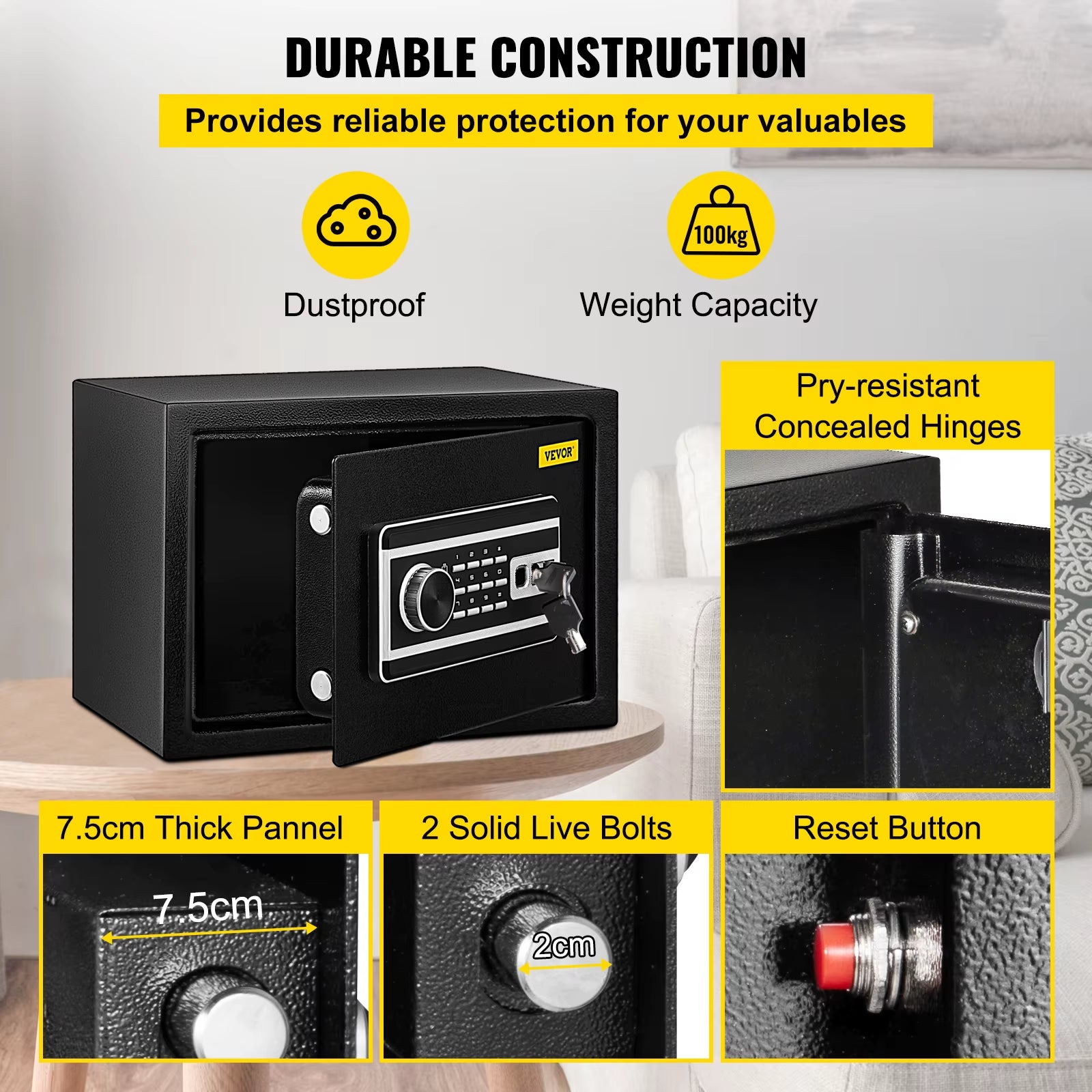 Fingerprint Locks Safe Deposit Box 0.8/2.1 Cubic Feet Digital Electronic Secret Hidden Piggy Bank for Money Guns File