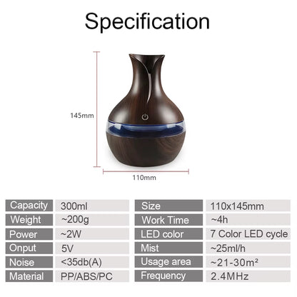 300ml Ultrasonic Aroma Diffuser Full Specification Chart