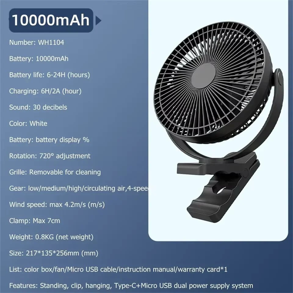 Portable Clip On Desk Fan Rechargeable Large Battery with Speed Settings