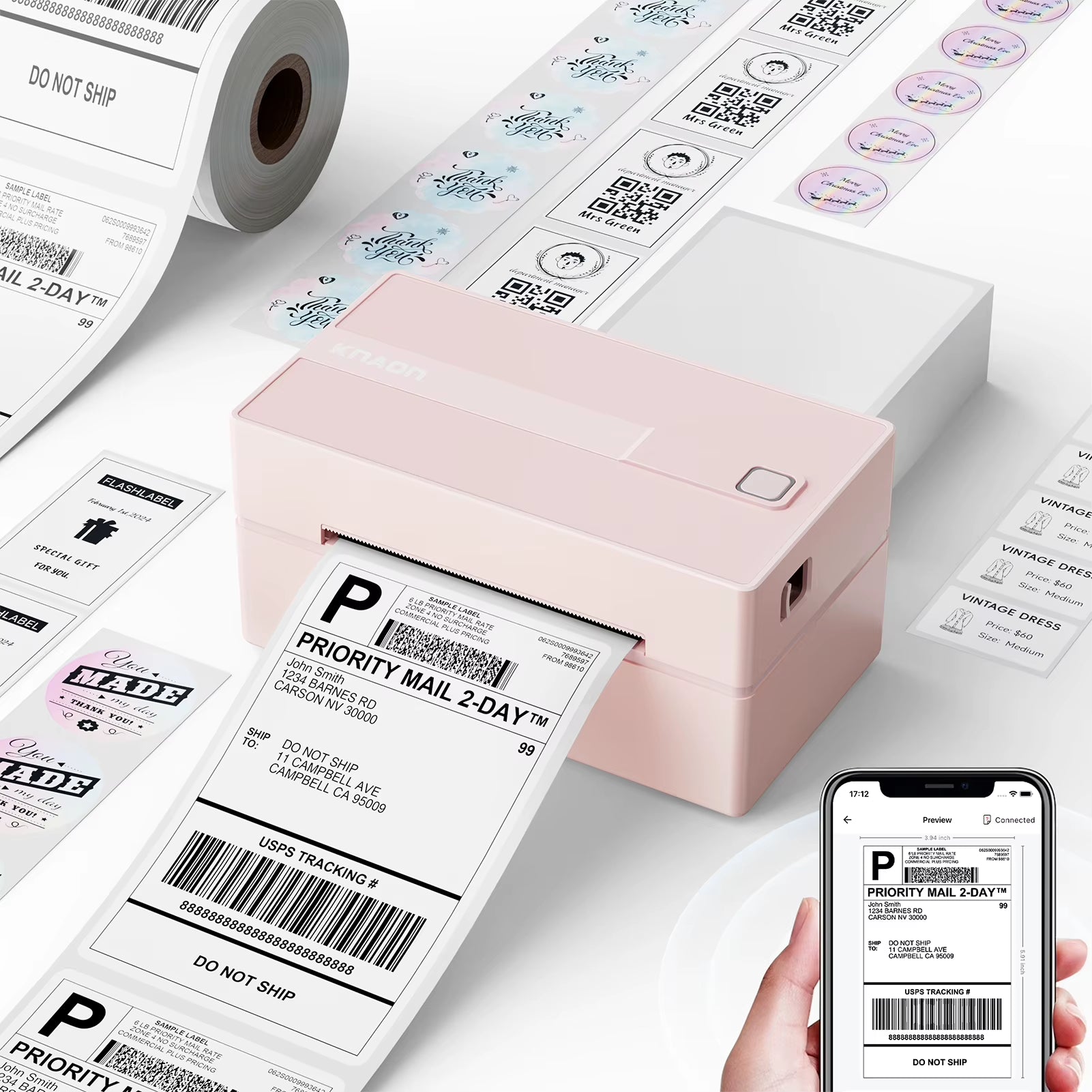 4x6 Thermal Label Printer Pink Compact Desktop Design