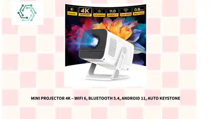 Mini Projector 4K &ndash; WiFi 6, Bluetooth 5.4, Android 11, Auto Keystone by@Outfy